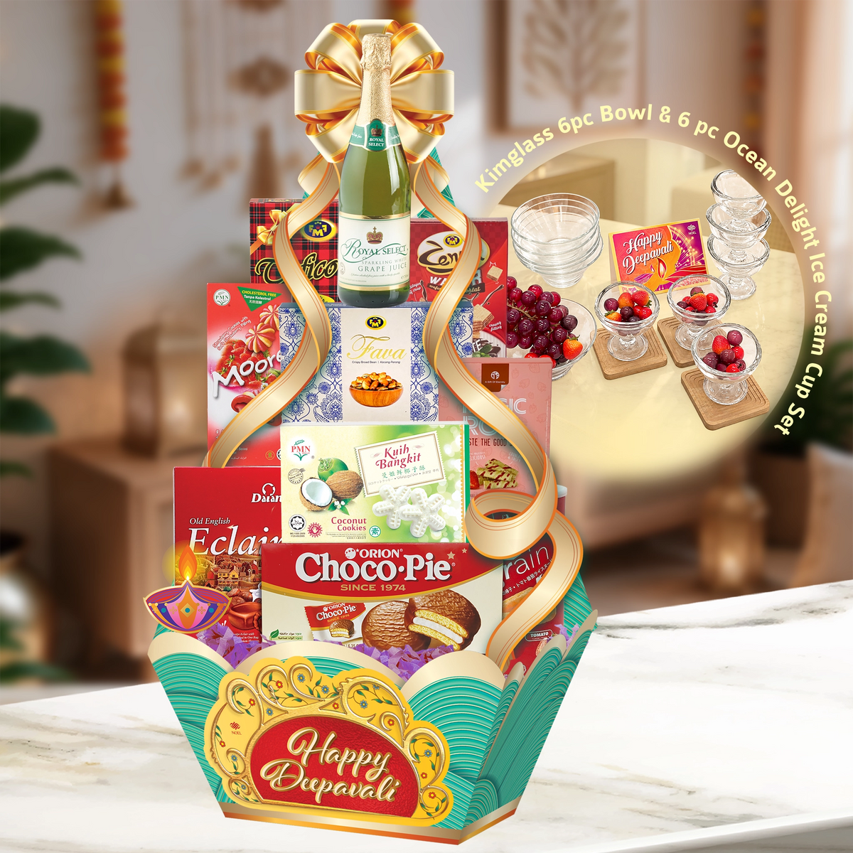 A delightful collection of sparkling juice, festive treats and elegant tableware, thoughtfully curated for a joyful Deepavali celebration.