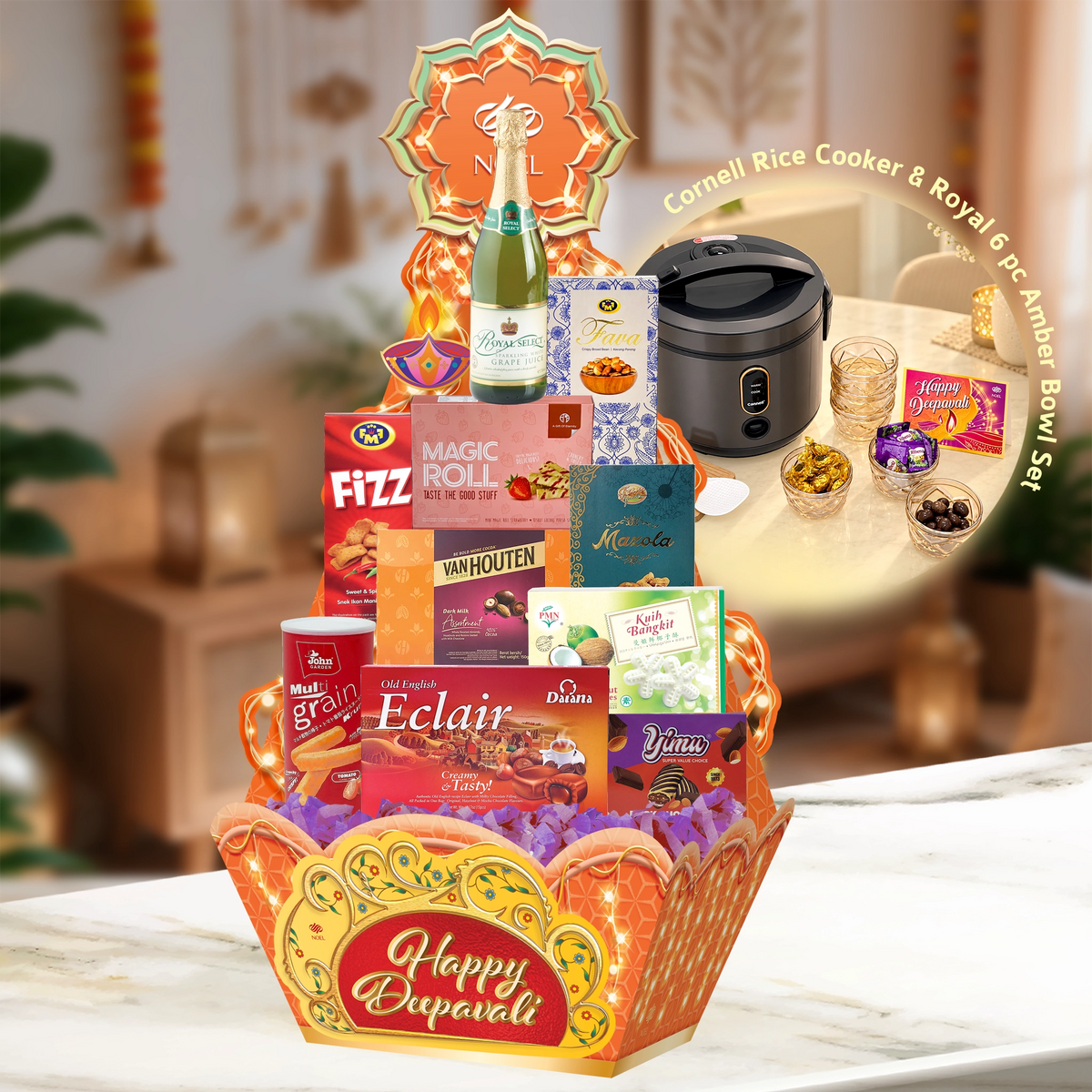 Deepavali Timeless Harmony Hamper with sparkling juice, chocolates, festive treats, rice cooker and amber bowl set