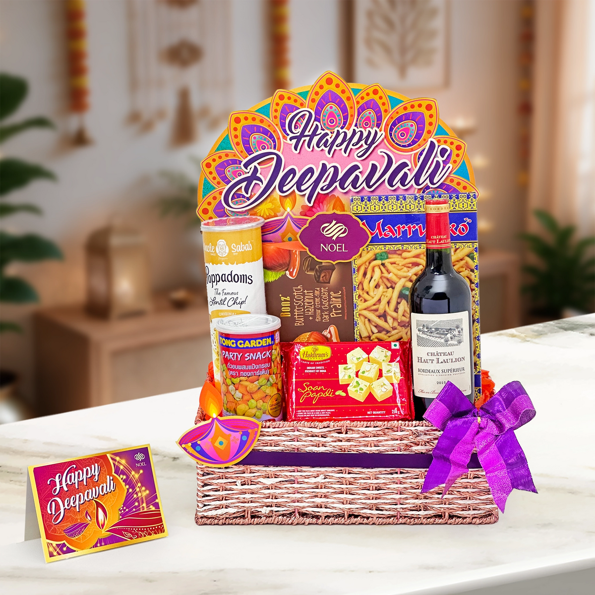 Deepavali Festive Cheer Gift Basket with Bordeaux red wine, Soan Papdi, Muruku and festive treats