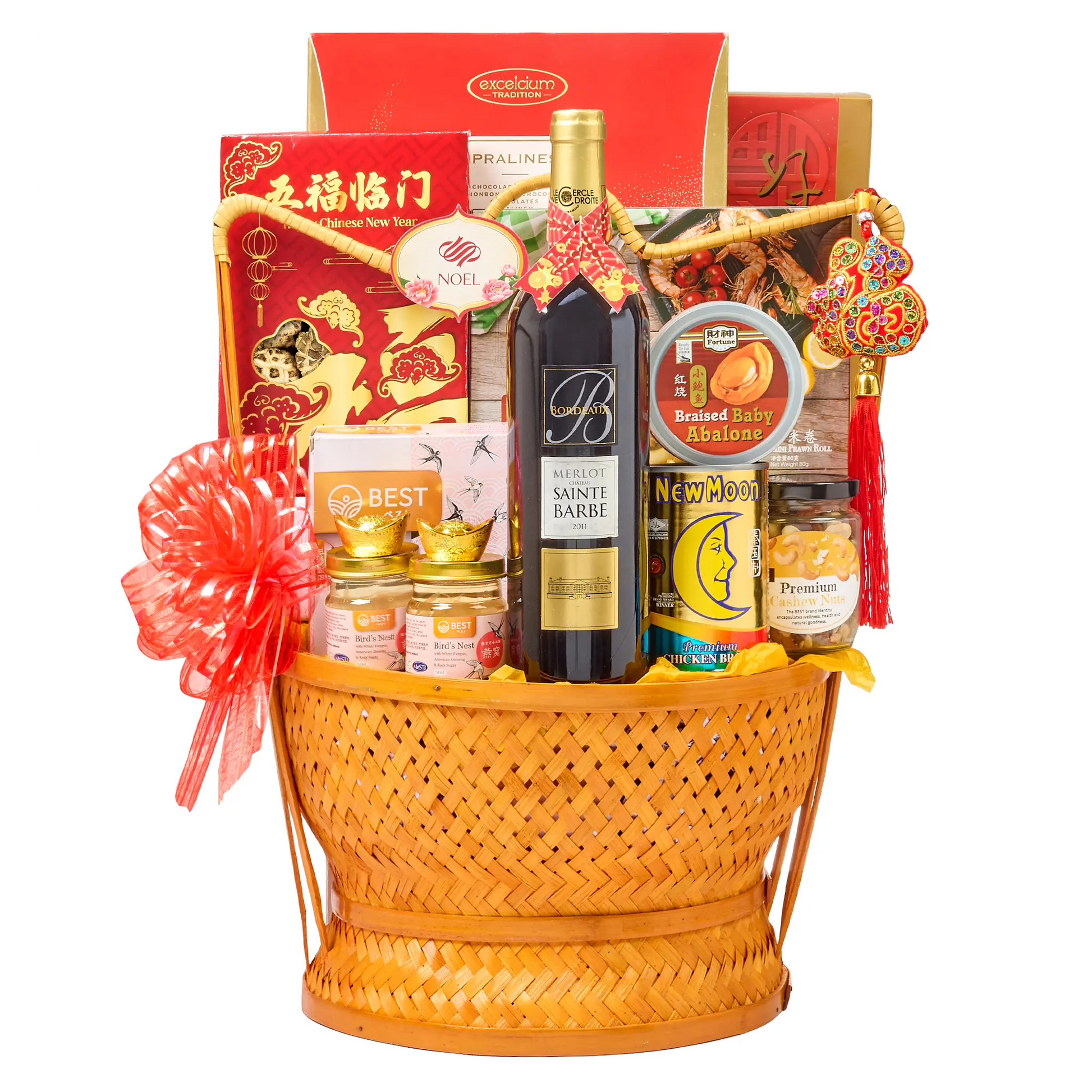 CNY Bounty of Riches Gift Hamper with abalone, bird’s nest with American ginseng, red wine, chocolates, mixed nuts, chicken broth, and festive gourmet treats