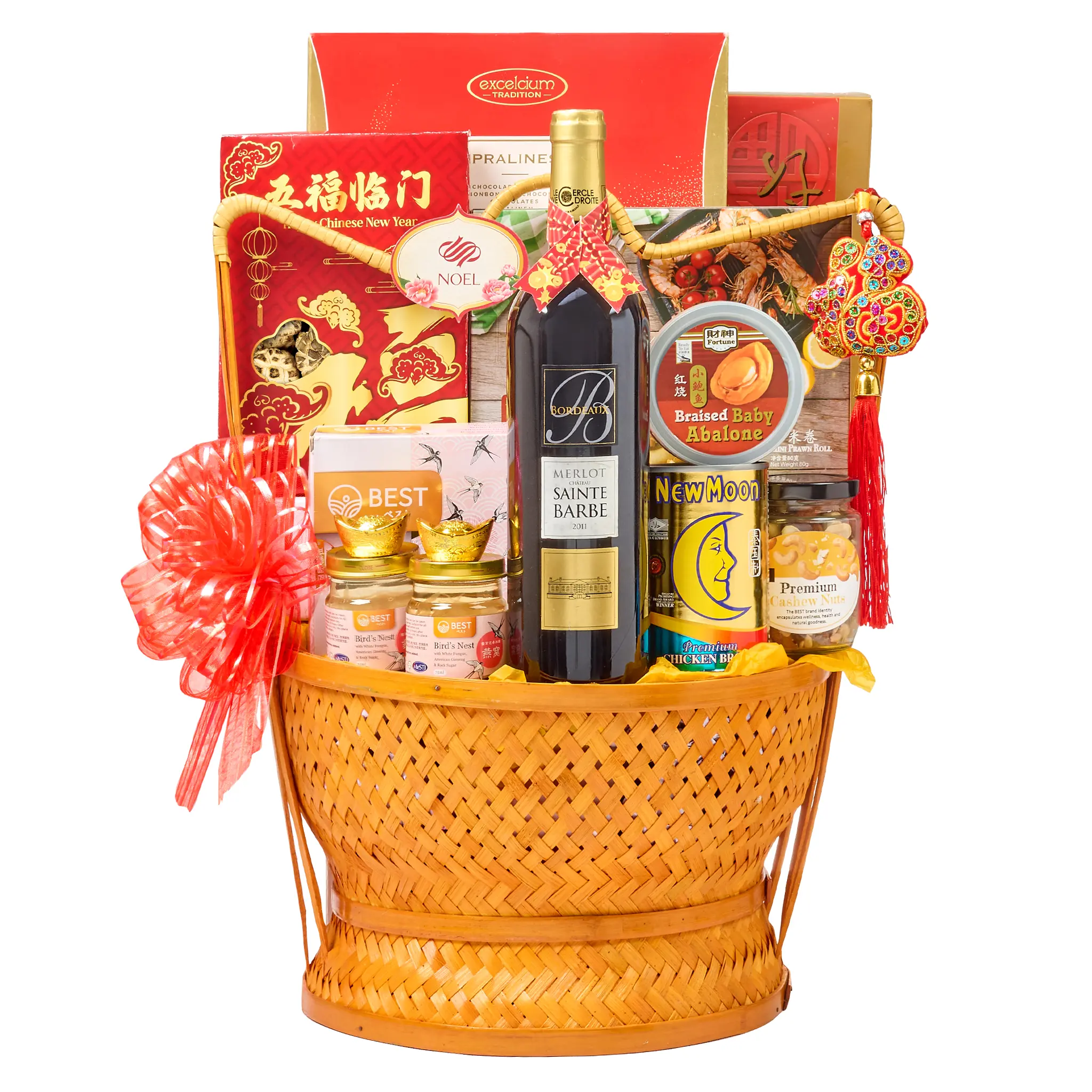 CNY Bounty of Riches Gift Hamper with abalone, bird’s nest with American ginseng, red wine, chocolates, mixed nuts, chicken broth, and festive gourmet treats