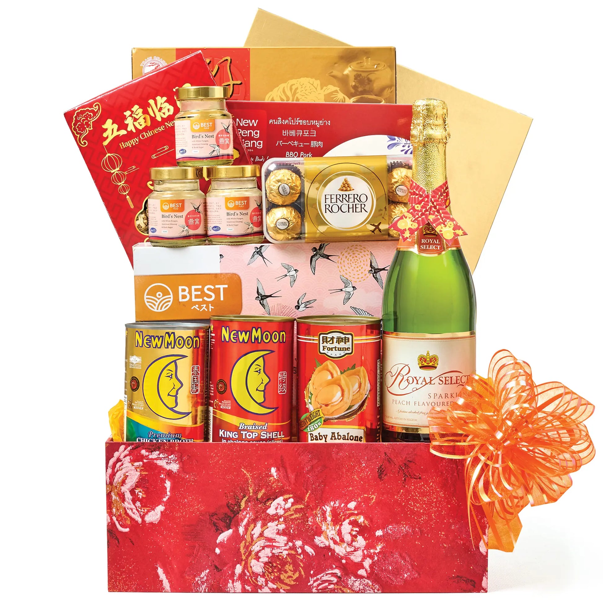CNY Crimson Blossom Gift Hamper with abalone, bird’s nest with American ginseng, sparkling juice, chicken broth, BBQ pork, cookies, and festive gourmet treats.