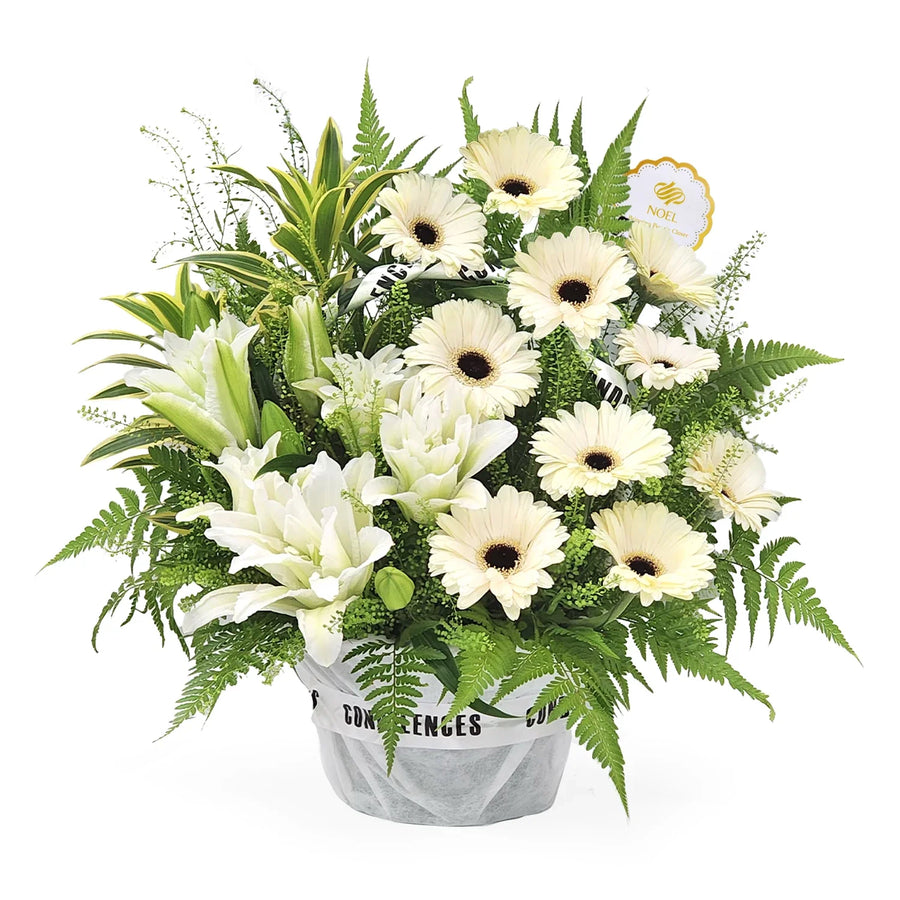 Angelic Tribute condolence table wreath with white gerberas, lilies and greenery