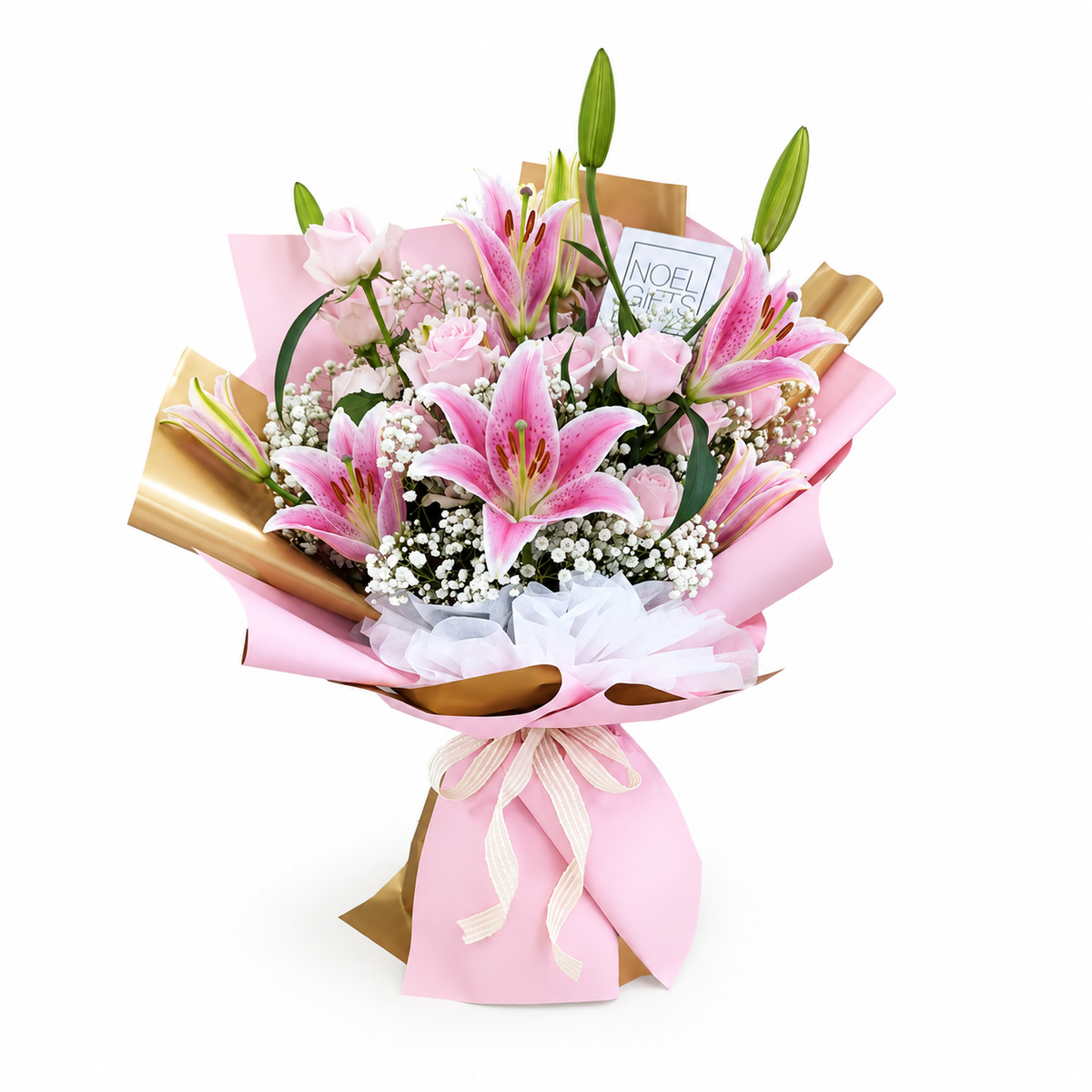 Opal Beauty Hand Bouquet with four-headed pink lilies, light pink roses and white baby’s breath in elegant pink and gold wrapping.
