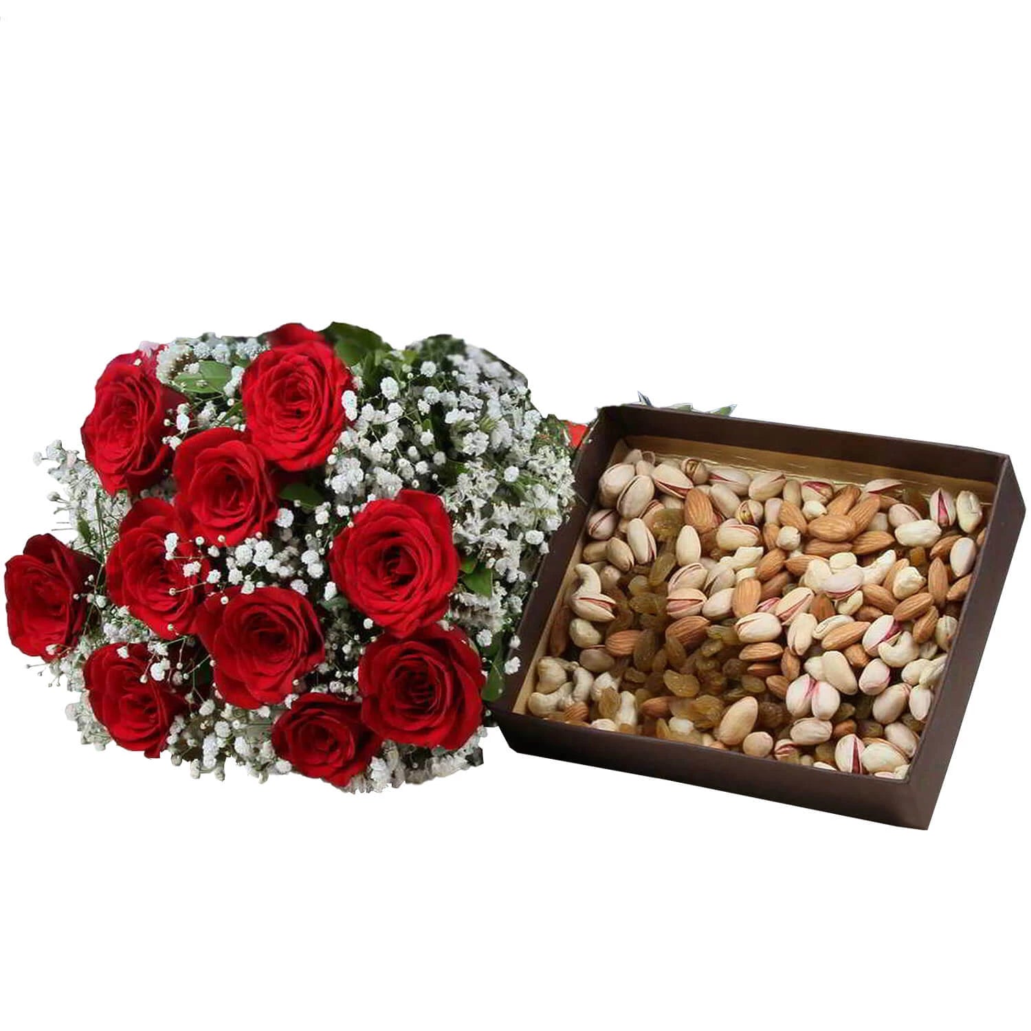 Delightful Red Roses Bouquet With Mixed Dryfruits