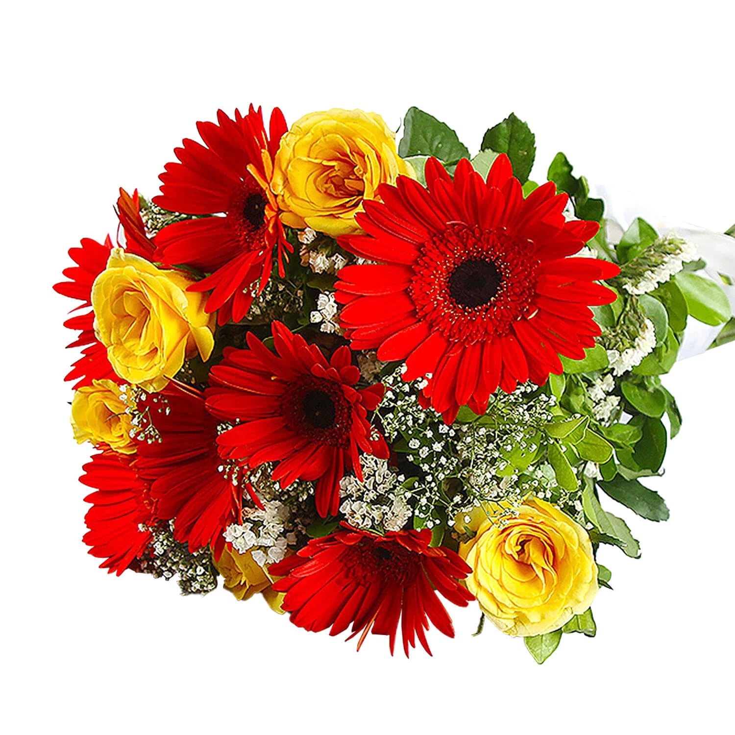 Bouquet Of Dozen Red Gerberas And Yellow Roses