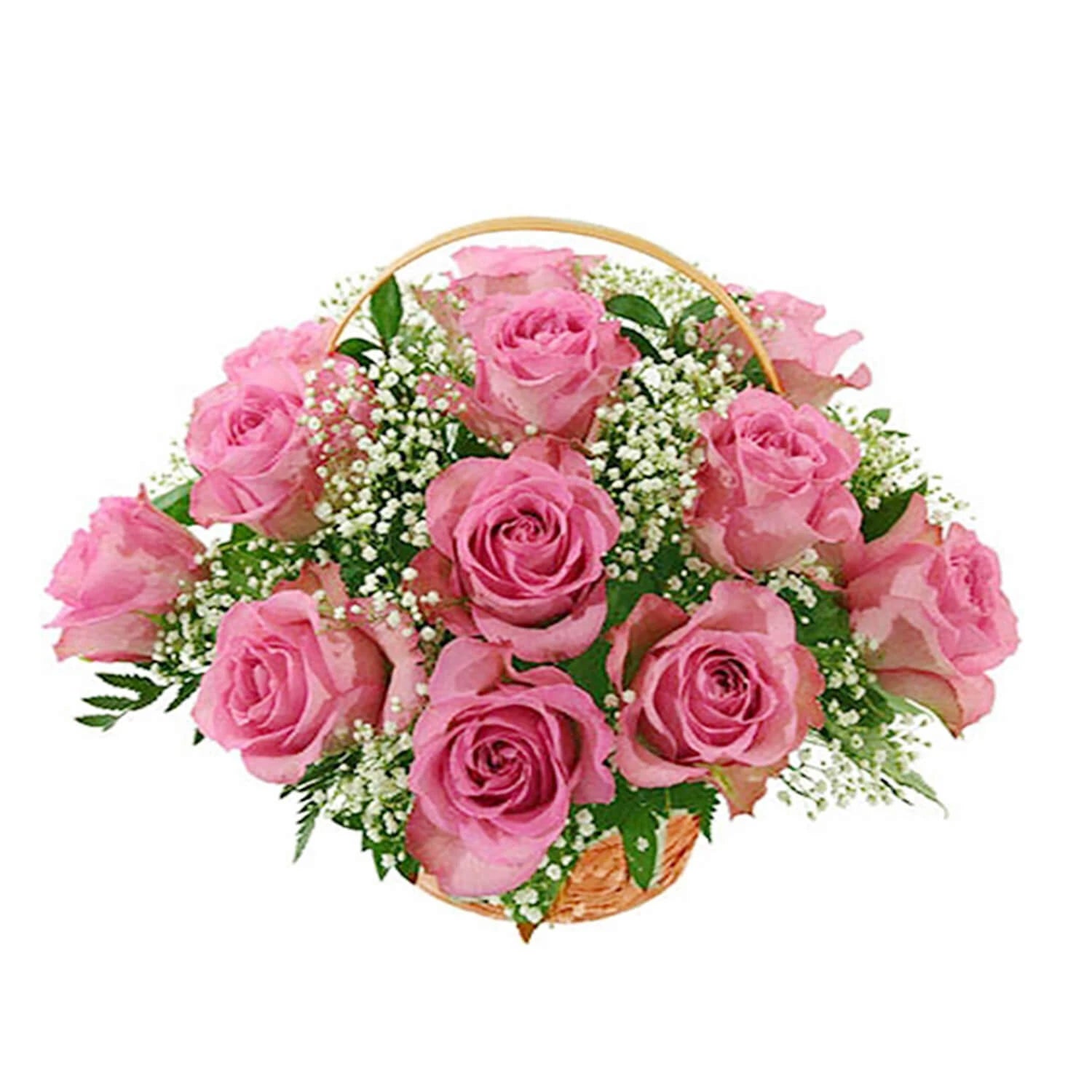 10 Pink Roses In Basket