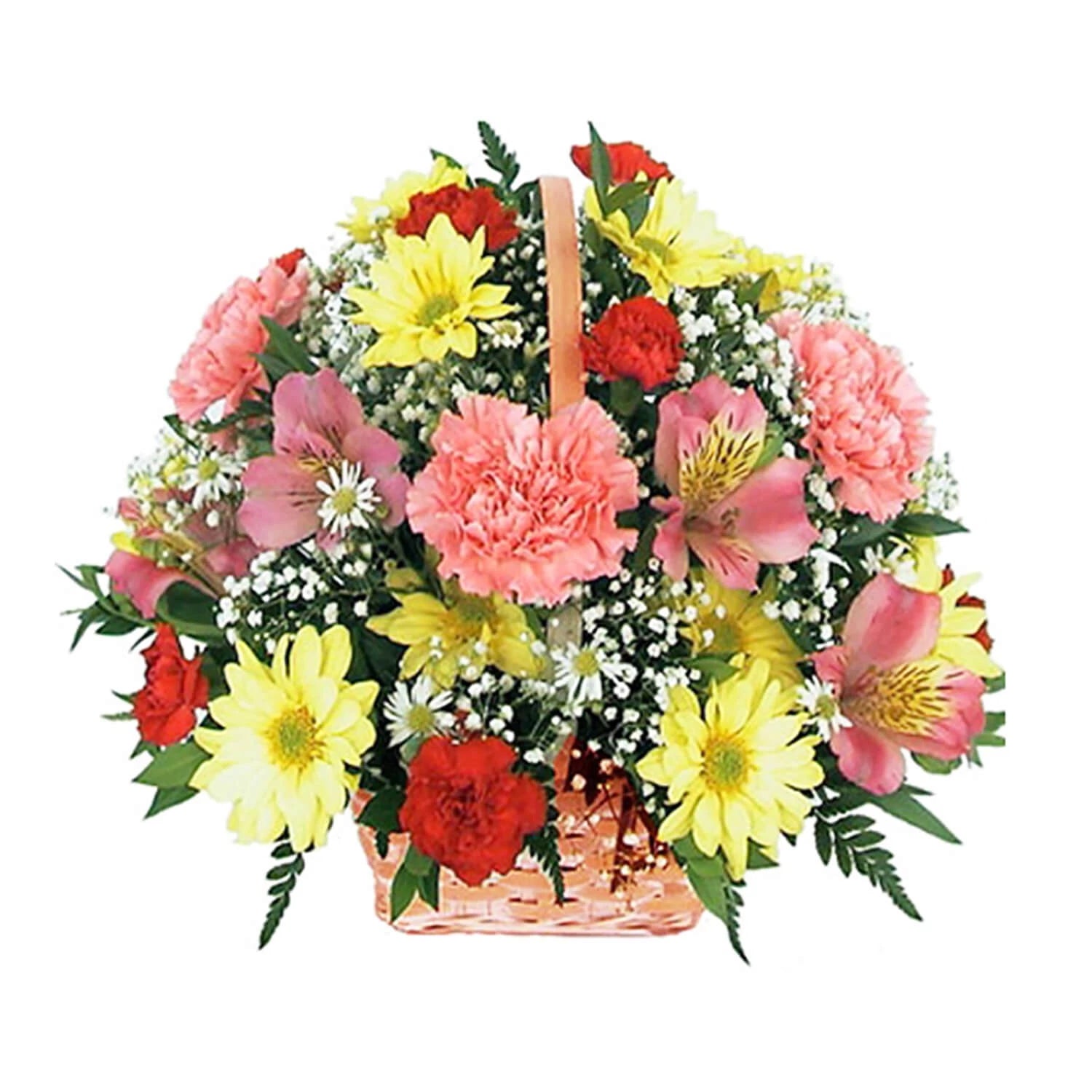 Basket Of 15 Yellow And Pink Flowers