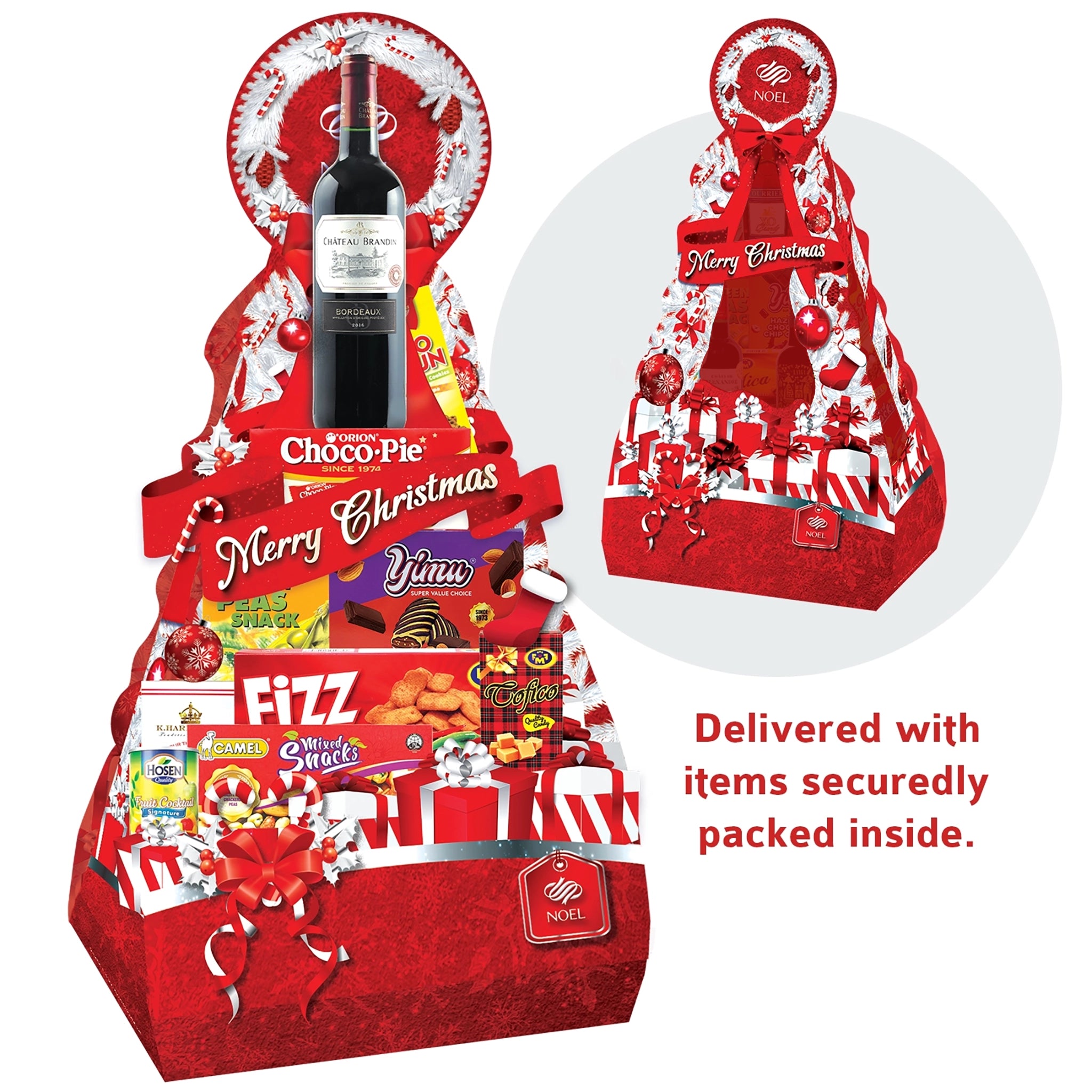 Red Christmas gift basket with various items including a bottle of wine, snacks, and drinks on a white background.